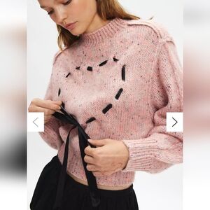 Kimchi Blue Elise Heart Ribbon Mockneck Pullover Sweater - NEW